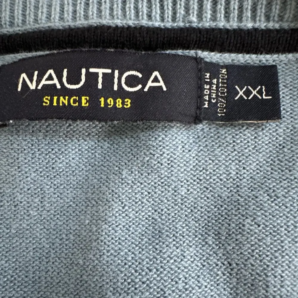 Nautica Mens Sweater XXL Light Sky Blue V-Neck Cotton Pullover Knit Casual 2XL